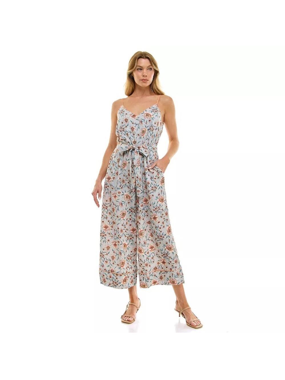 Leith Floral Kelsey Floral Wide Leg Jumpsuit Gray Cami Pockets Size Medium